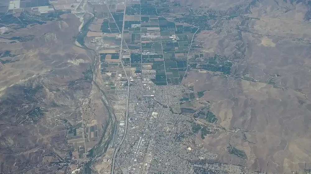 Santa Paula and the surrounding orchards and hills seen from an airplane